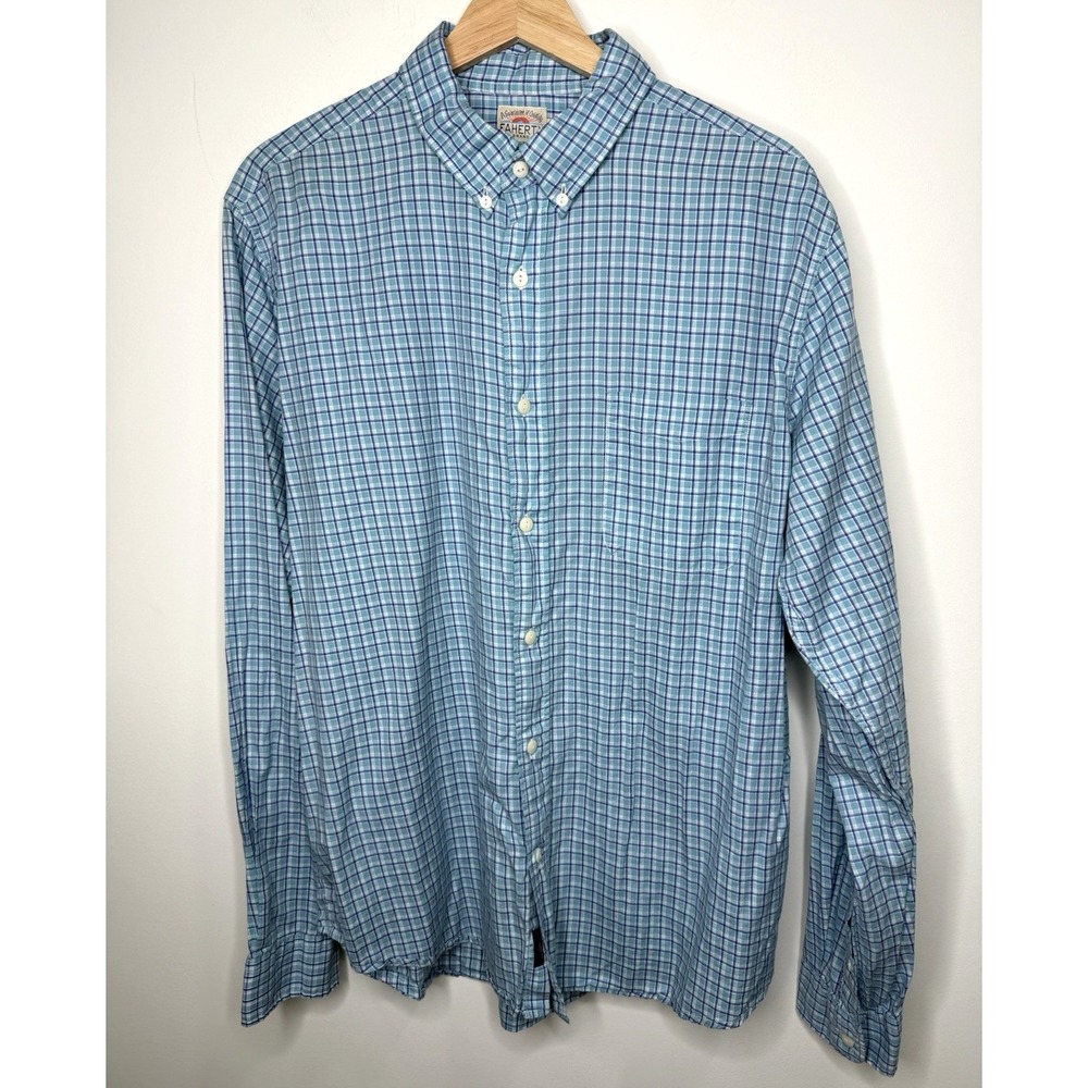 Faherty Men's Plaid Button‎ Down Shirt Large Blue 100% Cotton Lightweight Office